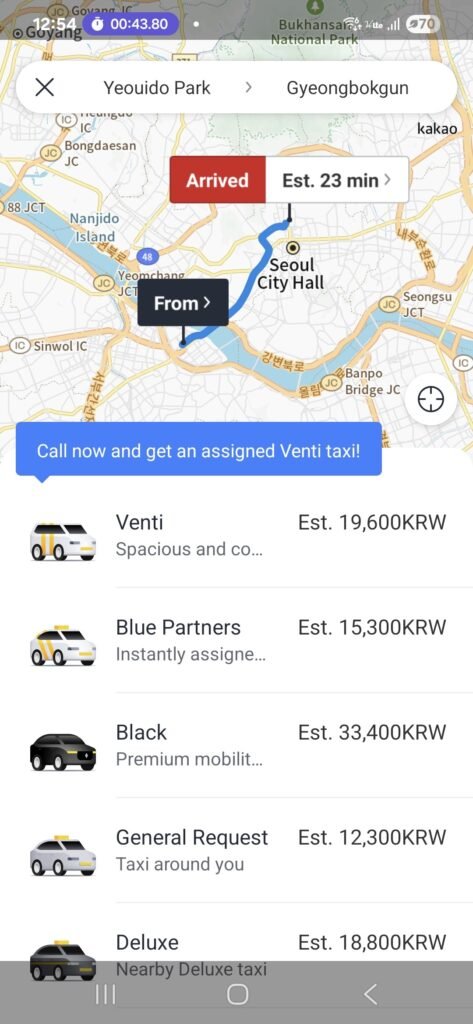 Kakao T – After setting your destination, you can choose the taxi type.